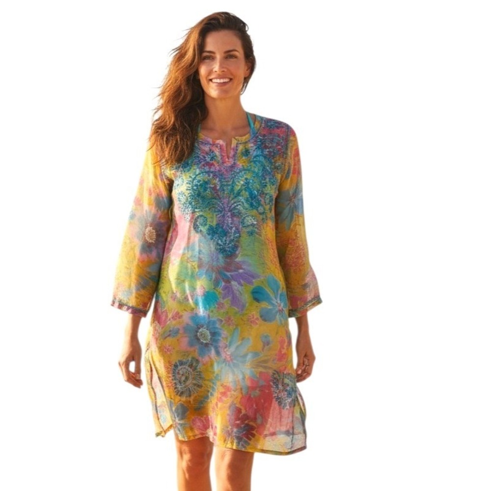 Embroidered Silk Floral Women‎ size Small Resortwear Beach Coverup Colorful Boho